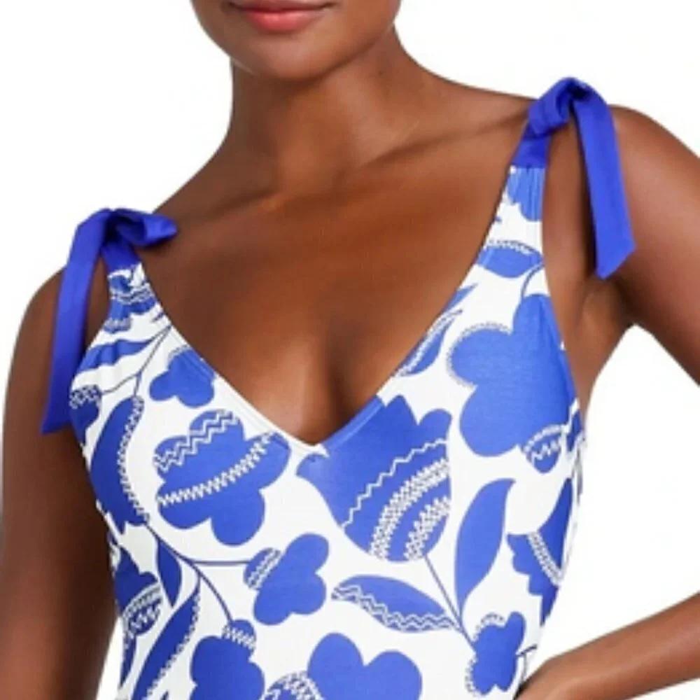 Kate Spade Shoulder Bow Tie V-Neck One Piece Swimsuit - Blue Berry Floral, Small